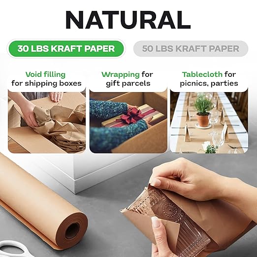 IDL Packaging 36" x 14400" (1200 feet) - USA-Made Large Brown Kraft Paper Roll - 30lb Thickness - Natural Kraft Wrapping Paper for Packing, Void Filling - Craft Material for Kids Art Projects