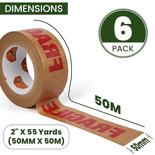 TAPEBEAR Fragile Tape Eco-Friendly Kraft Paper Tape 2Inch x 55Yard, Biodegradable Packaging Brown Paper Tape Self Adhesive Box Tape for Small Business, Shipping, Sealing, Moving, 6Rolls