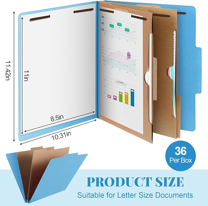 Skyygemm 36 Pcs Classification Folders Letter Size, 2 Pocket Dividers Pressboard File Folder with Fasteners, Expanding File Organizer Bulk for Teachers, Clergy, Office, Church, Christmas (Blue)