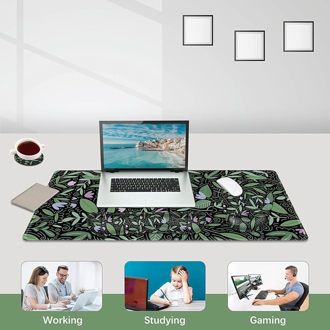 DINKY Keyboard Mouse Pad Set, Large Gaming Mousepad, Memory Foam Ergonomic Keyboard Wrist Rest Support, Extended Desk Mat Cushion pad for Office,Home, Green Leaves Plant