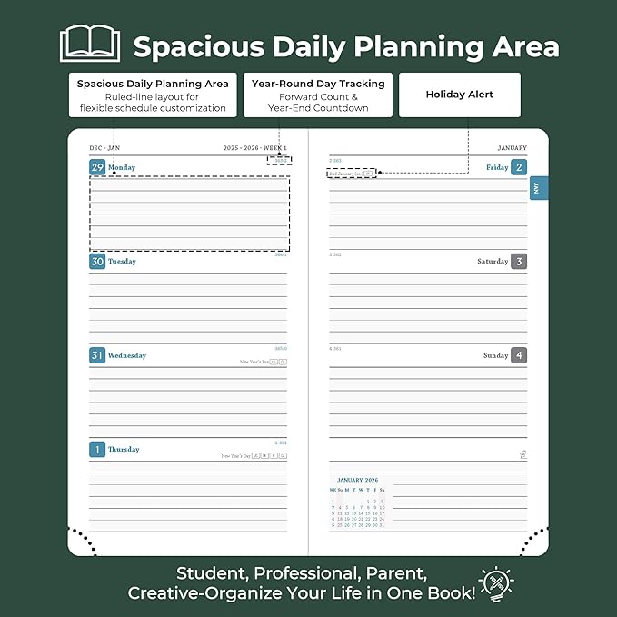 Planner 2026 Daily Weekly and Monthly,6.5"x3.75",12 Months Spiral Bound Calendar Agenda with Self-adhesive Pen Holder,2026 Appointment Book with Vegan Leather Soft Cover,Green