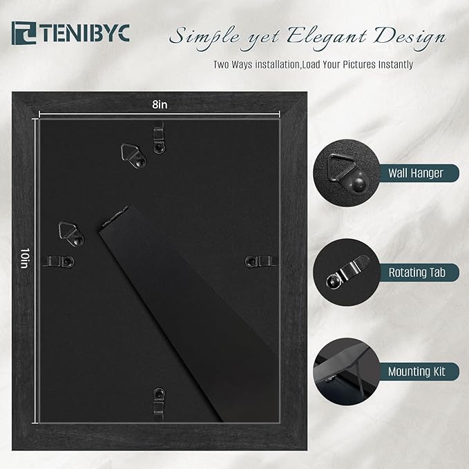 8x10 Picture Frame 4 Pack, Black Wooden Textured, HD Tempered Glass, Gallery Photo Frame, Table or Wall Display