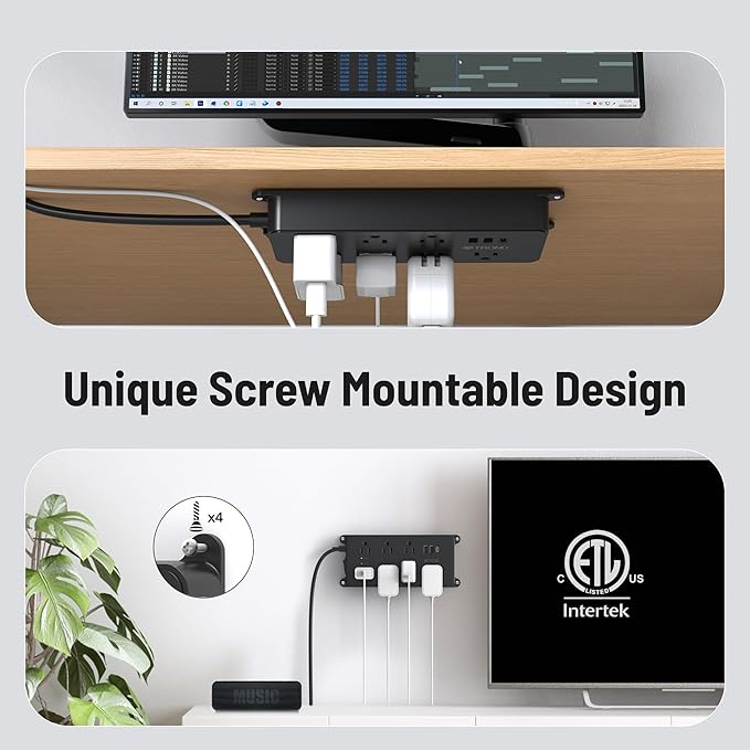 TROND Power Strip Surge Protector 10ft, ETL Listed, Flat Plug Extension Cord with 2 USB-A & 1 USB-C, Wall Mountable, 7 Widely-Spaced Outlets, 1700J, for Home Office Garage, Black