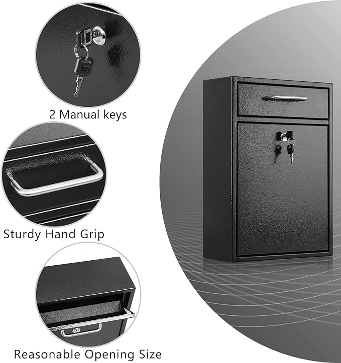 xydled Metal Mailbox Wall Mount, Large Locking Mailbox with Key Lock, Hanging Secure Postbox, Security Key Drop Box, Collection Boxes, Black, 17.6H x 12.2L x 5.7W Inches, XL Large