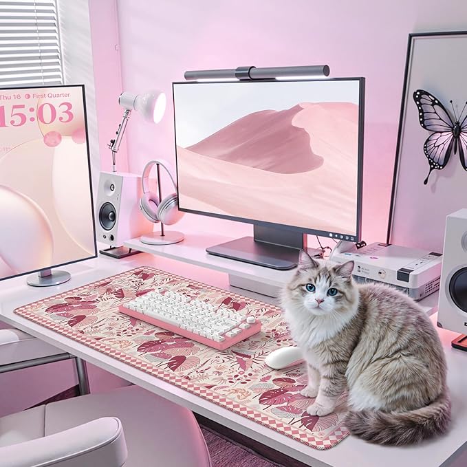 iCasso Pink Desk Mat,Extra Large Mouse Pad for Laptop,Long Computer Pad with Stitched Edges,Non Slip Keyboard Mat for Desktop,Cute Desk Cover Mat for Office Home School