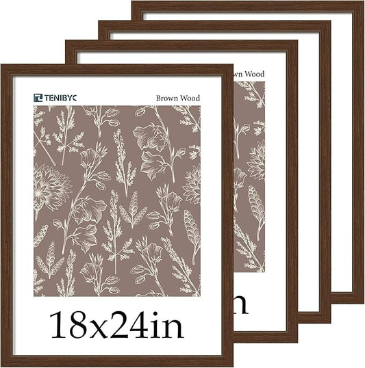 18 x 24 Poster Frame - 4 Pack, Brown Wood Picture Frame, Display Pictures, Posters, Puzzles, Horizontal and Vertical Wall Hanging