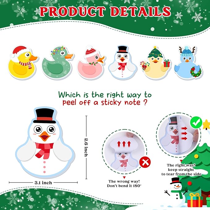 36 Pack Christmas Sticky Notes 720 Sheets Cute Duck Sticky Notes Self-Sticky Writing Memo Pads Page Marker for Holiday Gifts Office School Christmas Stationery Stocking Stuffers Xmas Party Favor