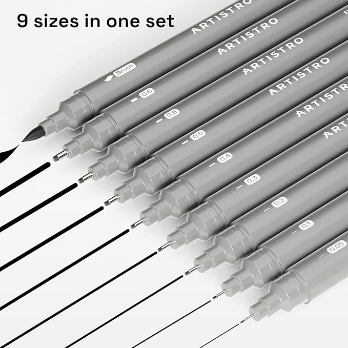 ARTISTRO Set of 9 Fineliner Pens - Black Micro Pens with Ultra Fine Tips for Drawing, Sketching, Writing, Journaling and Technical Illustration - Waterproof Archival Ink