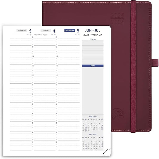 POPRUN Weekly Planner 2025-2026, 7.25'' x 8.5'', 15-Minute Hourly Appointment Book (July 2025-June 2026) with PU Leather Softcover, Monthly Tabs, Inner Pocket - Claret