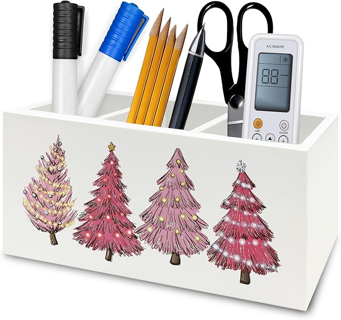 Pink Christmas Tree Pen Pencil Holder Organizer for Desk, Preppy Girly Xmas Holiday Wooden Box Signs Decorations for Girls Room Home Office Desk Tabletop, Girly Christmas Decor