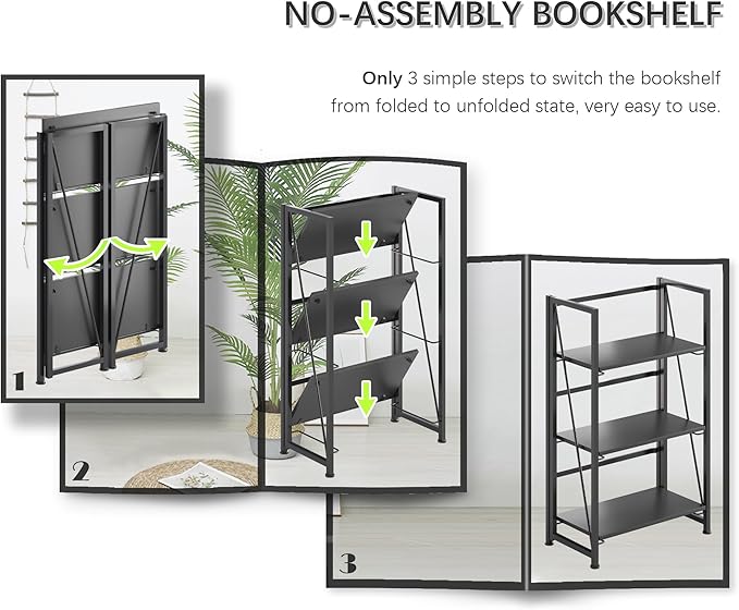 4NM No Assembly Folding Bookshelf Storage Shelves 3 Tiers Vintage Bookcase Standing Racks Study Organizer Home Office (All Black)