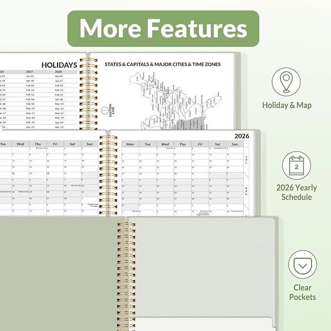 SUNEE 2026 Weekly and Monthly Planner - from January 2026 - December 2026, 8.5"x11" Daily Agenda Planner with Monthly Tab, Flexible Cover, Note Pages, Pockets, Bookmark, Spiral Binding, Sage Green