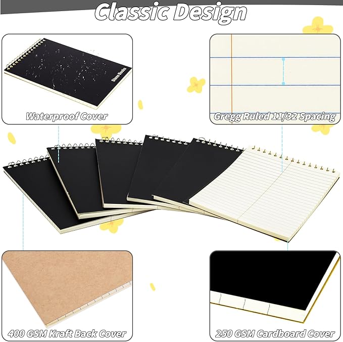 24 Pack Steno Pads 6 x 9 in Spiral Top Notebooks Bulk Note Pads 60 Sheets Gregg Rule Writing Paper Steno Notebooks for Students Teachers Men Women Professionals Office School Recording work(Black)