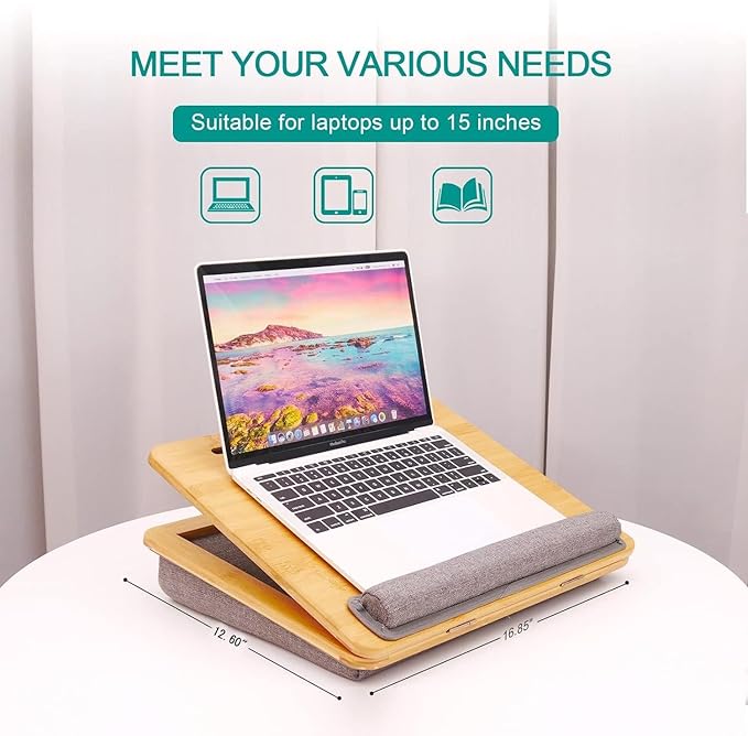 Lap Desk Laptop Tray with Cushion Portable Bed Tray Desk, Adjustable Angle Lap Desk with Tablet Phone Holder, for Home Office, Sofa, Bed, Couch and car. Bamboo Cushioned Laptop Table Tray