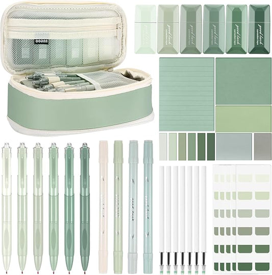 Janlaugh 38 Pcs Aesthetic College School Supplies with Pen Case Sticky Notes Gel Pens Highlighters Correction Tapes Back to School Stationery Kit(Green Color,Classic)