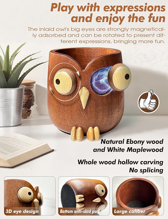 Cute owl pen holder Desk Organizer Decoration Pencil Holder Stand pen holder for desk Magnetic rotating eyes Ebony whole wood carving for office school Home office accessories gifts (dark brown)
