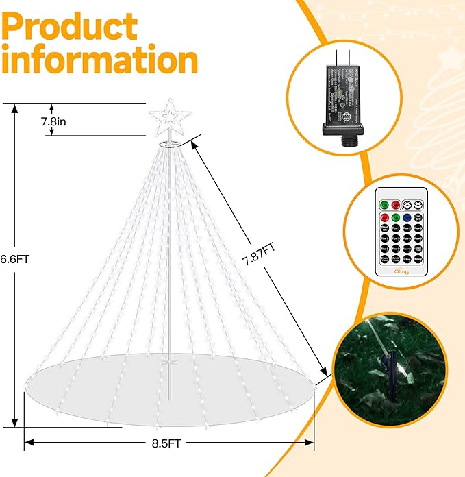 Ollny Christmas Lights Tree 340LED with Topper Star, IP67 Waterproof Remote Control Waterfall Lights with Pole, 16 Modes 3 Timers Dimmable Light Decorations for Outdoor Yard Garden Lawn(Cool White)