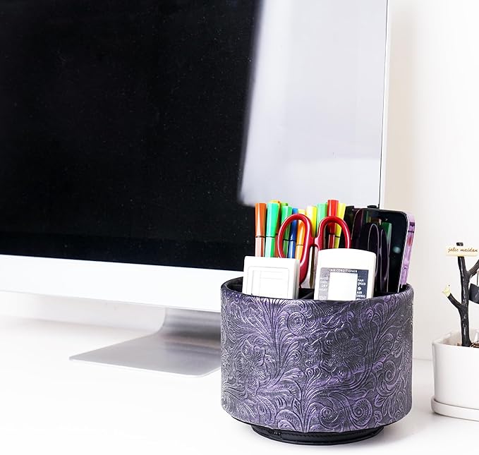 lizimandu Round Leather Art Supply Organizer,Remote Control Holder,360 Degree Spinning,Multi-Functional Pencil Holder,4 Compartments Desktop Stationary Organizer(1-Carved Metal Purple)