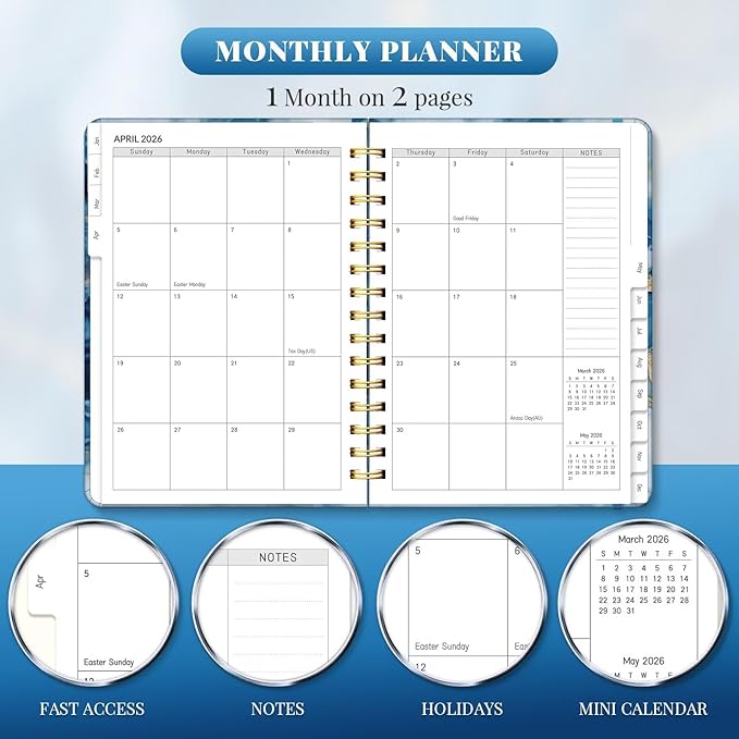 2026 Planner, A5 Weekly and Monthly Planners with Tabs, Spiral Bound Daily Calendar 2026 Planner, Agenda Organizers from Jan. to Dec., Hardcover Habit Tracker Journal 6.18" x 8.5"(Dark Blue)