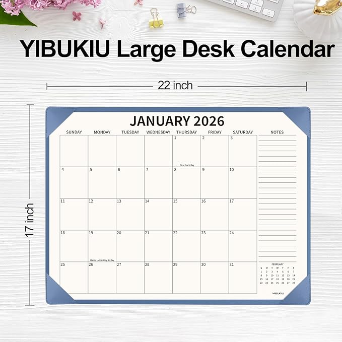 Desk Calendar 2025-2026 Large 22x17, July 2025-December 2026, 18 Months Big Desk Pad Calendar with Desktop Mat and Plastic Cover for Home Office School Planning, Blue
