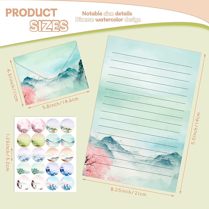 TaoBary 160 Pcs Stationery Paper Set 50 Double Sided Stationery Papers with 50 Matching Envelopes and 60 Round Dot Sticker, 10 Design(Ink Painting,5.5 x 8.25 Inch)