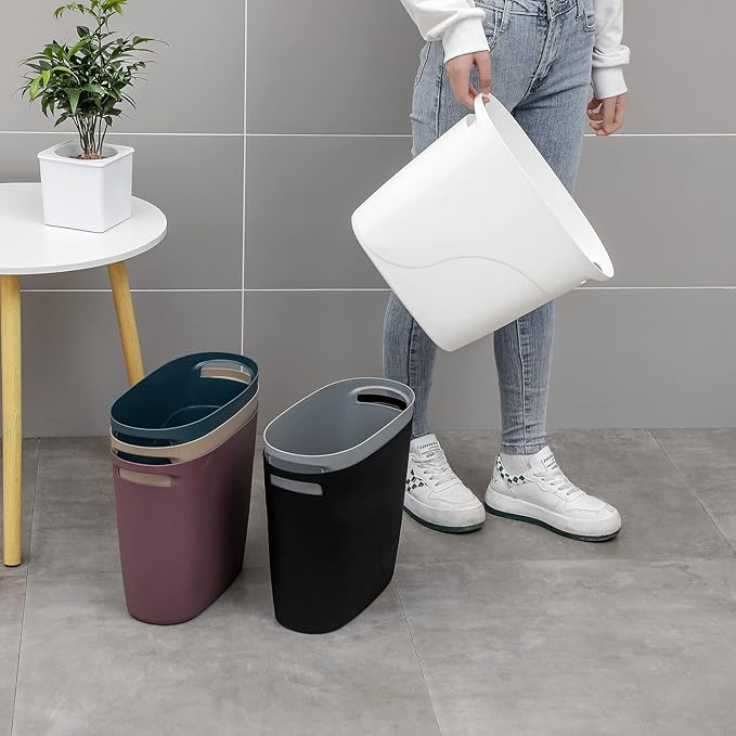 Plastic Small Trash Can Slim Waste Basket with Handles 3.2 Gallon Narrow Garbage Container Bin for Bathroom, Bedroom, Kitchen, Home Office Under Desk, Dorm, Laundry Room, Kids Room, Black 2 Pack