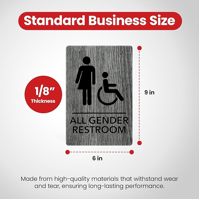 Promot All Gender Handicap Bathroom Sign – ADA Braille Restroom Sign for Business, Self-Adhesive, 9" x 6", Commercial Door Signage, Office Wall Decor - Classic Grey