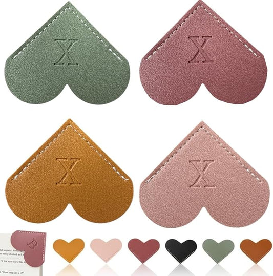 Personalized Leather Heart Bookmark, 26 Letters Customized Corner Book Mark for Reading Women, Book Marker with Initials，Cute Gifts (Light Pink+Deep Pink+Green+Light Brown, X)