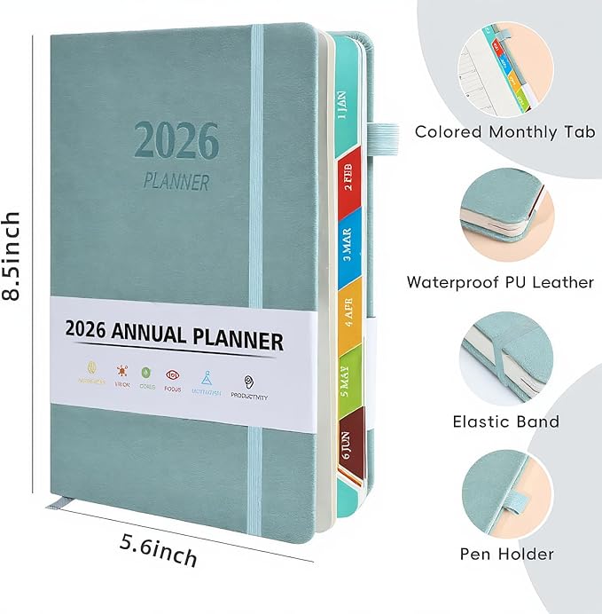 2026 Planner, A5 (5.6"x 8.5") Planner 2026 Jan-Dec, Monthly/Weekly/Daily Tabs with Contacts & Holidays, PU Leather Cover & 100gsm Paper, Organizer for School and Business Supplies (Sage Green)
