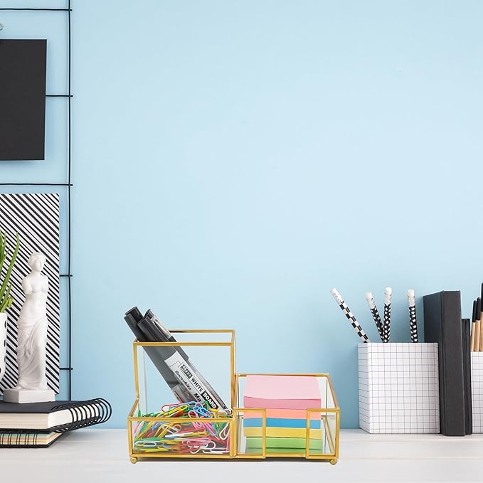 Desk Organizer with 3-Compartments,Glass Small Desk Organizer for Pens Pencils Business Cards Sticky Notes Paper Clips,Gold Stylish Pen Holder for Desk Home Office Decor
