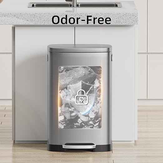 KUK 13 Gallon/50L Stainless Steel Kitchen Trash Can with Lid and Step Pedal-Large Capacity Garbage Bin with Odor Seal, Silent Close Lid, Removable Inner Bucket, Titanium Silver