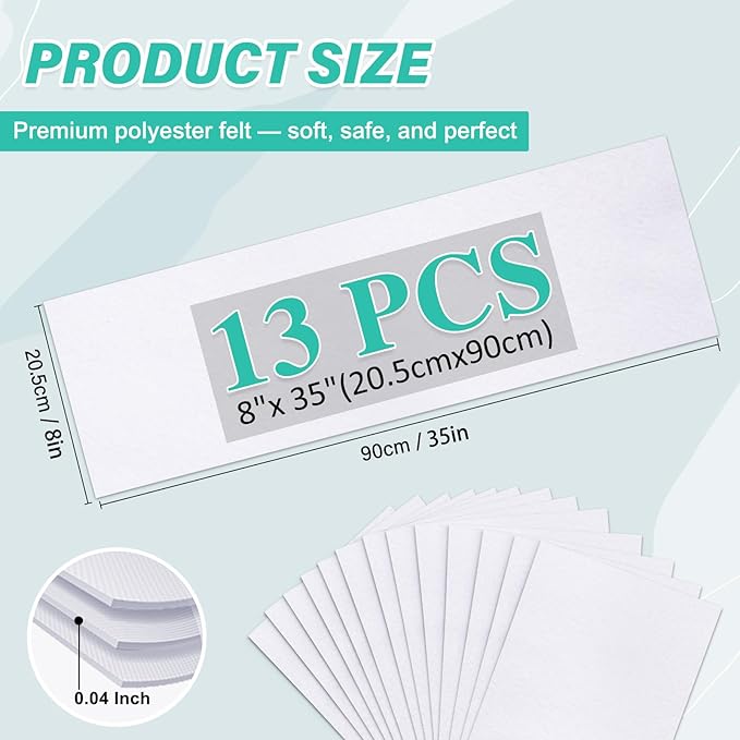 XSEINO 13 Rolls White Felt Fabric,8"x35"(20.5x90cm) 1.4mm Thick Soft Felt Fabric Sheet for Crafts,White Series Colors Soft Nonwoven Fabric,Fit for Decoration, Sewing, DIY Crafts