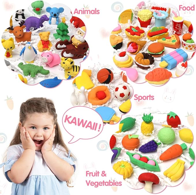 50 Pack Pencil Erasers Animal Eraser for Kids Puzzle Erasers 3D Mini Food Sport Fruit Take Apart Eraser Classroom Rewards Game Prizes Treasure Box Party Favors for Kid Gifts Easter Egg Fillers