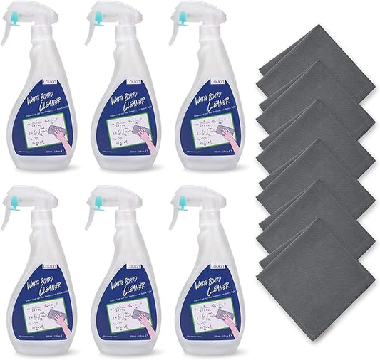 loukin Non-Toxic Whiteboard Cleaner, 17 fl oz Dry Erase Board Cleaner, Low-Odor Whiteboard Cleaning Spray with Cloths, Removes Stubborn Marks from Whiteboards, Chalkboard (6-Pack)