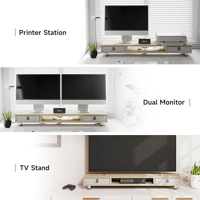 Fenge Monitor Stand, Dual Monitor Stand with 2 Drawers, Monitor Riser for 2 Monitors, Adjustable Height Computer Stand, Office Monitor Stands for Desk, Laptop, PC, TV, Printer