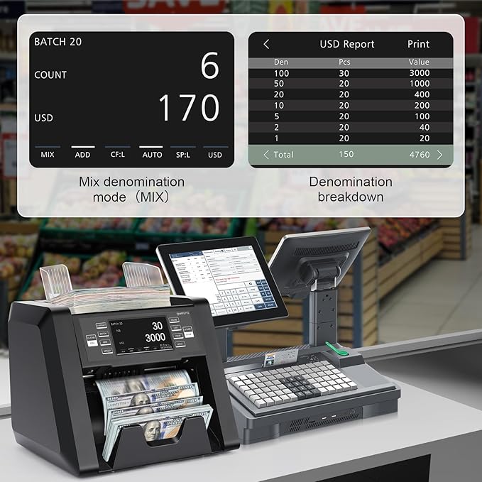N30 Money Counter Machine Mixed Denomination, Multi Currency Value Count, CIS/UV/MG/IR Counterfeit Detection, Printer Enabled Cash Counter for Business