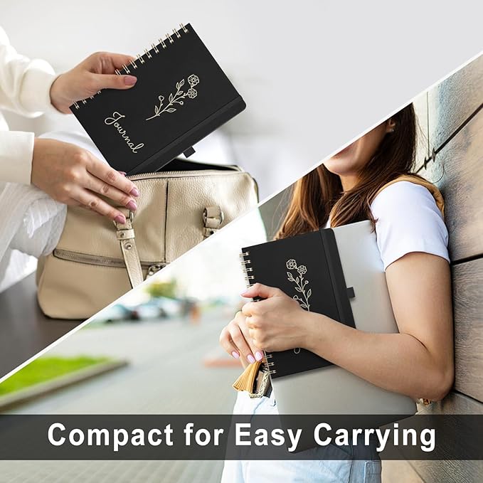 EMSHOI Bullet Dotted Journal - Dot Grid Spiral Notebook 8.5" x 11", A4 Large Dotted Notebook, 100 GSM Thick Paper, PU Leather Hardcover Journals for Bullet Journaling, Sketching, Black