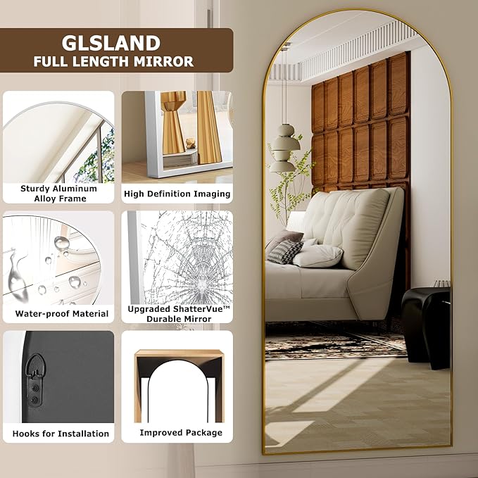 GLSLAND - 20x57 inch Arched Full Length Mirror - Floor Mirrors Aluminum Alloy Frame Full Body Dressing Mirror for Bedroom, Living Room,Black