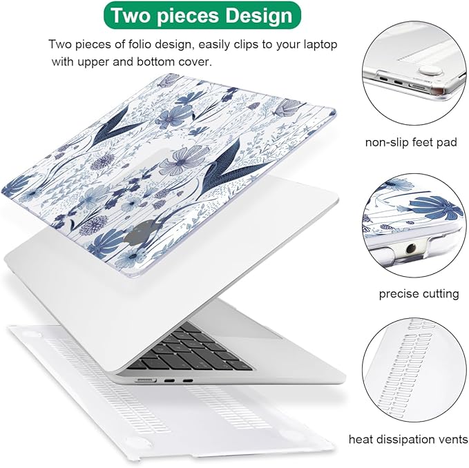 Case for M2 M3 MacBook Air 13.6 inch 2024 2023 2022 A2681 A3113 Cover with Liquid Retina Display Touch ID, Pattern Plastic Hard Shell Case Screen Film Keyboard Cover, Navy Blue Wild Flowers