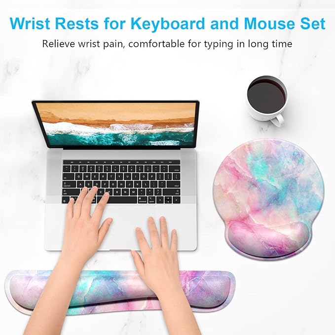 Dapesuom Keyboard Wrist Rest and Mouse Pad with Wrist Support, Cute Memory Foam Cushion for Keyboard and Mouse Set, Desktop Pad Rests with Non Slip Base for Easy Typing & Pain Relief, Colorful Marble