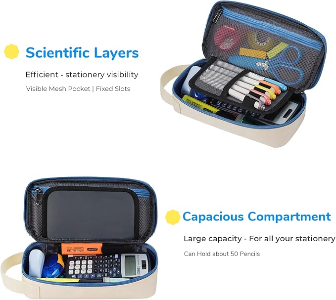 ECHSRT Pencil Case for Men Women, Large Pen Bag for Adults, Portable Pencil Pouch Aesthetic with Handle, Zipper Cases for Office Organizer Beige