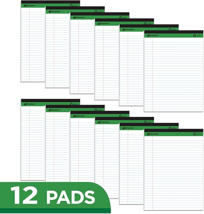 KAISA White Legal Pads 12pads Writing Pads Recycled Paper, 8.5"x11.75" Wide Ruled Perforated 50 sheets Hard Back Notepads 8-1/2"x 11-3/4" Writing Tablet Canary For Office Supplies (Pack of 12pc) KSU-5293