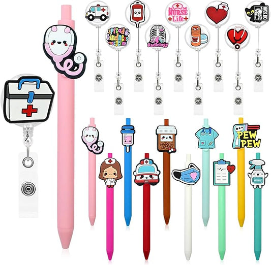 Nurse Pen with Badge Reel Holder Clip Combination,Nursing ID Badges Name Card Reels Novelty Gel Pens Funny Ballpoint Pen Nursing Charms Accessories Cna Work Supplies Nurse Week gifts Party Favors 20P