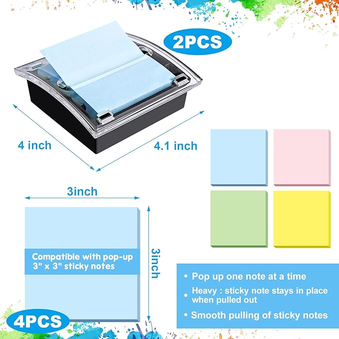 2 Pack Post it Note Dispenser with 4 Pad Pop up Sticky Notes,3x3 Inches Sticky Note Holder for Office Home Classroom Desk Supplies,100 Sheet/pad(4 Colors)