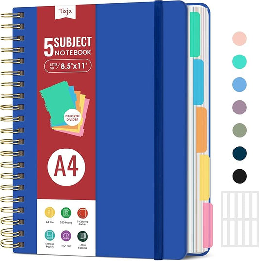 Hardcover Spiral Journal Notebooks for Work With Removable Dividers & Tabs, 8.5"x11" 5 Subject Notebook for Note Taking & Organizer, A4 College Ruled Lined Journal for Women & Writing, Royal Blue, 280 Pages