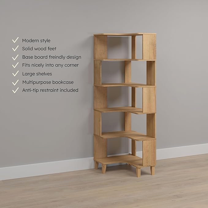 Prepac Nordik 6-Tier Natural Oak Modern Mid Century Corner Bookcase, 71.5" Extra Tall Corner Shelf with Storage, Multifunctional Freestanding Bookshelf for Home Office, Living Room, Bedroom