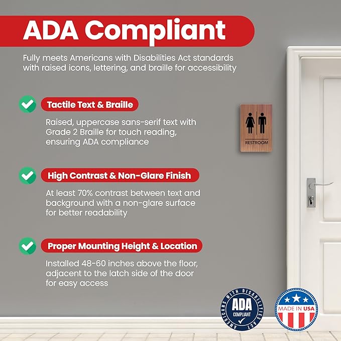 Promot Unisex Bathroom Sign – ADA Braille Restroom Sign for Business, Self-Adhesive, 9" x 6", Commercial Door Signage, Office Wall Decor - Chestnut