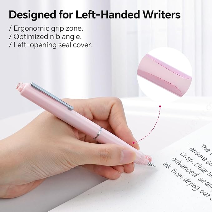 WRITECH Left Handed Fountain Pen: Fine Nib Retractable Style Black Ink Set Includes 5 Ink Cartridges Smooth Writing for Calligraphy Journaling Office Gift
