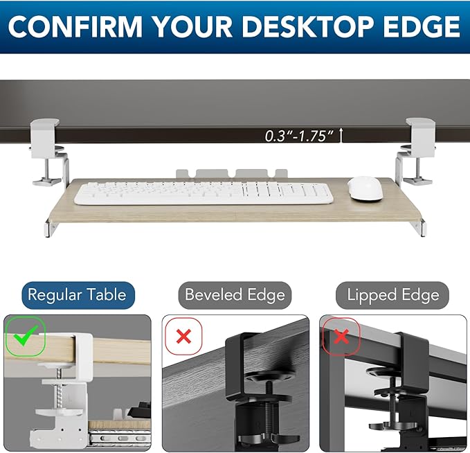 AX WABER Keyboard Tray Under Desk Pull Out with Extra Sturdy C Clamp Mount System, 27.3 (32.5 inch Including Clamps) x 11 Inch Slide-Out Platform Computer Drawer for Typing Grain AX01WG01