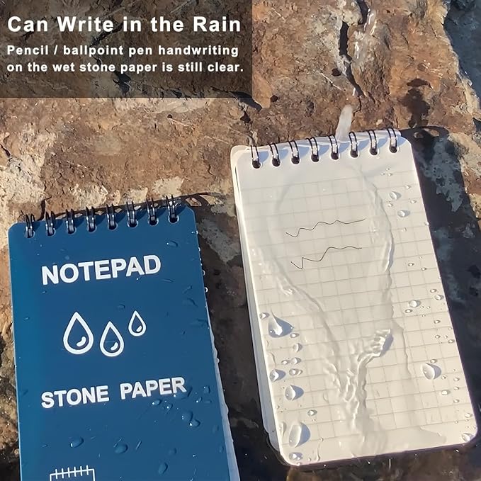 4 Pack Weatherproof Spiral Notepads A7 Waterproof Stone Paper Pocket Notebooks, Grid Pattern, Hard Cover with IN & CM Scales, Small All Weather Steno Pads for Travel, Field (3" x 5", Grey)